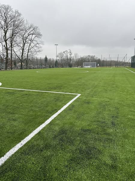 Boisko Orlik Nowe Miasto nad Pilicą. Na zdjęciu boisko ze sztuczną zielona trawą. Na zdjęciu widoczne białe linie oznaczające pole bramkowe. W oddali widoczna bramka.